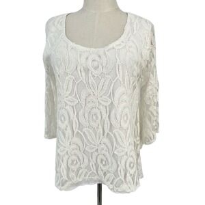 Corvia White Lace Bell Sleeve Scoop Neck Top Womens Sz M Cottage Core Boho Fairy